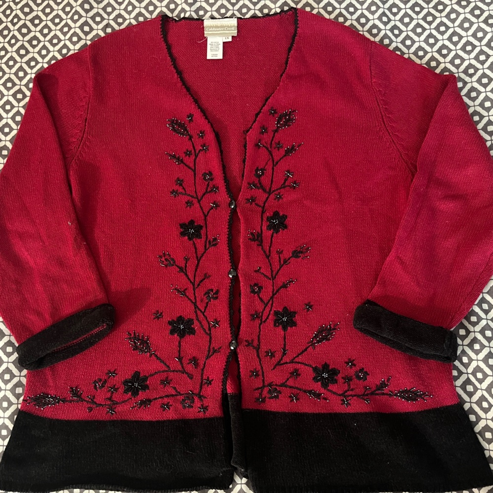 Coldwater Creek Red & Black Cardigan with Floral Beading